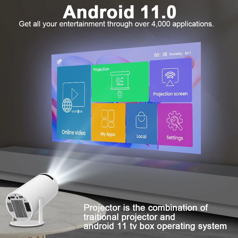 Projecteur HY300 Pro 4K Pas Cher - Mini vidéo projecteur Android 11 WiFi 6 260ANSI pour Home Cinéma